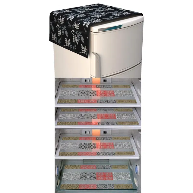 PVC Printed Refrigerator Top Cover & Mats (Multicolor, Set of 5)
