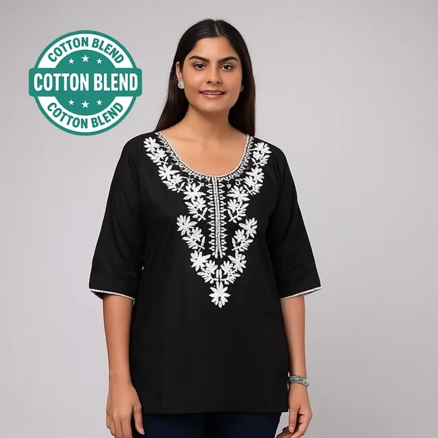 Cotton Embroidered Short Kurti for Women (Black, S)