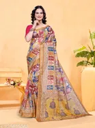 Cotton Blend Printed Zari Checks Saree for Women 