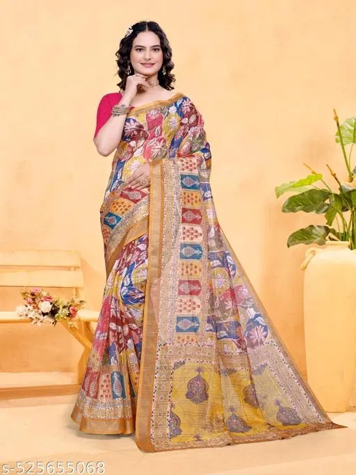 Cotton Blend Printed Zari Checks Saree for Women (Multicolor)