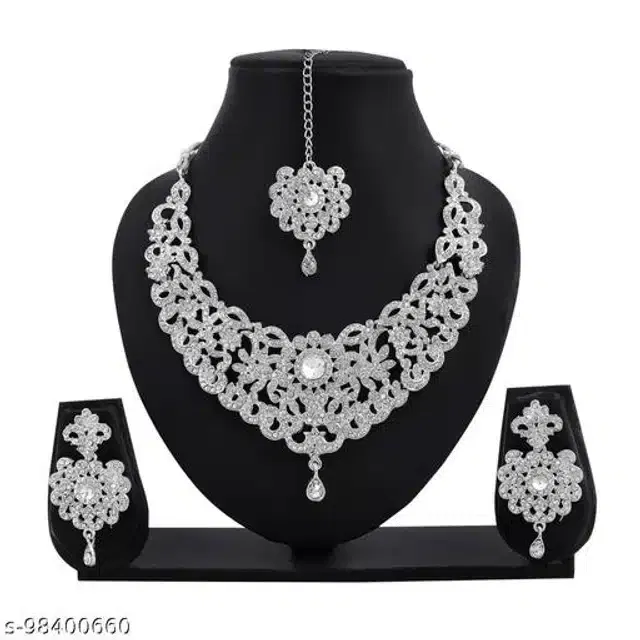 Alloy Necklace with Earrings & Maangtika for Women (Silver, Set of 1)