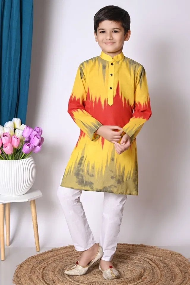 Cotton Printed Kurta with Payjama for Boys, Yellow & White (1-2 Years)
