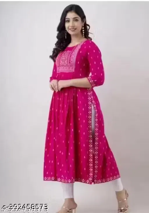 Rayon Printed Nyra Cut Kurti for Women, Pink (XL)
