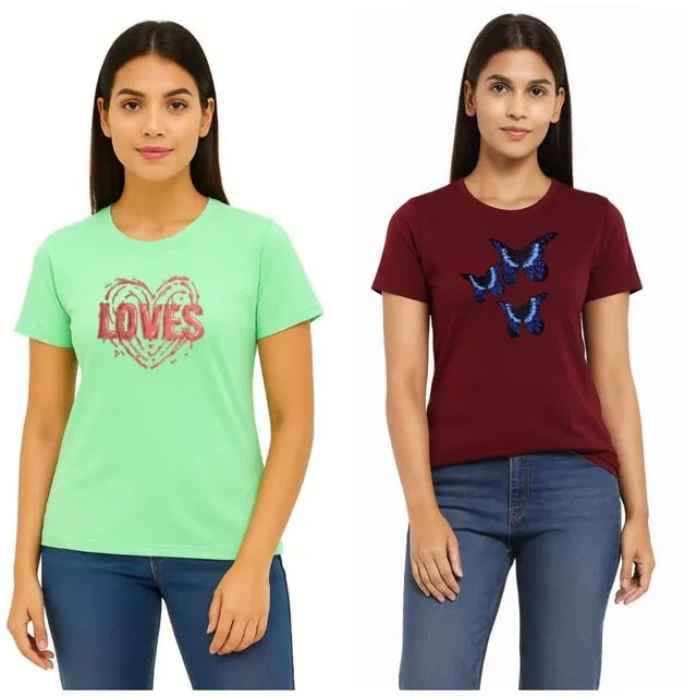Cotton Blend T-shirt for Women, Maroon & Green, Pack of 2 (XL)