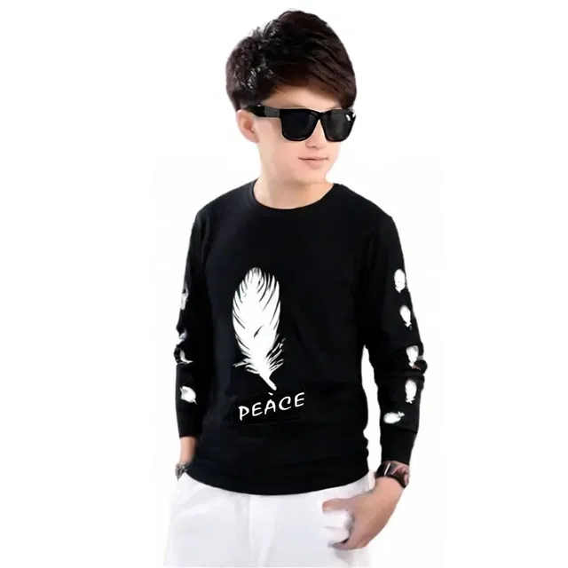 Round Neck Printed T-Shirt for Boys (Black, 11-12 Years)