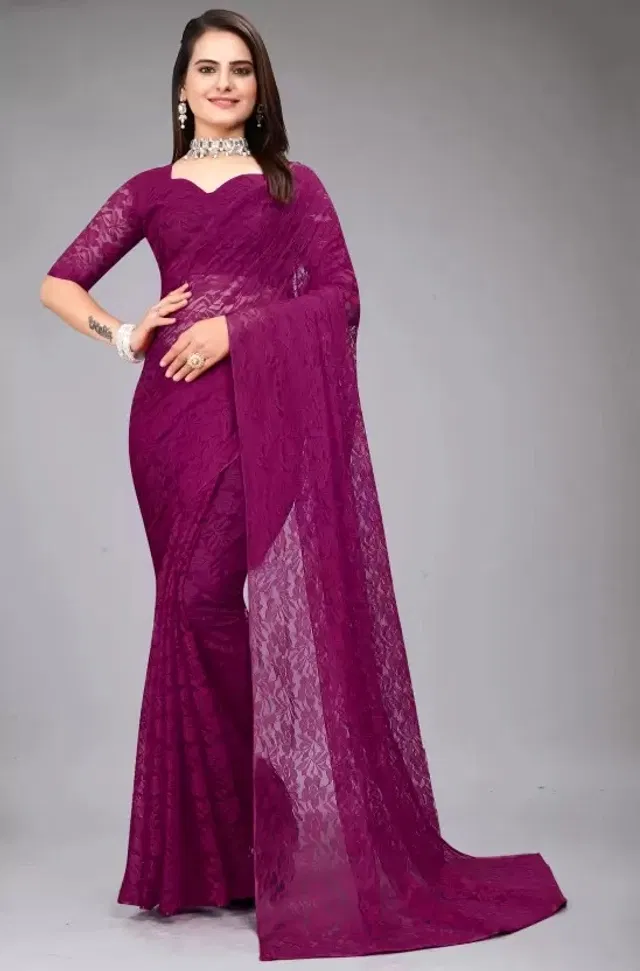 Net Floral Saree for Women (Purple, 6.3 m)