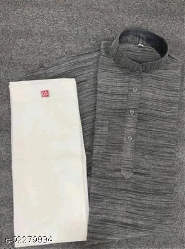 Khadi Cotton Solid Kurta with Pyjama for Men (Grey & White, L)