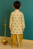 Cotton Blend Printed Kurta with Dhoti for Boys, Brown & Golden 