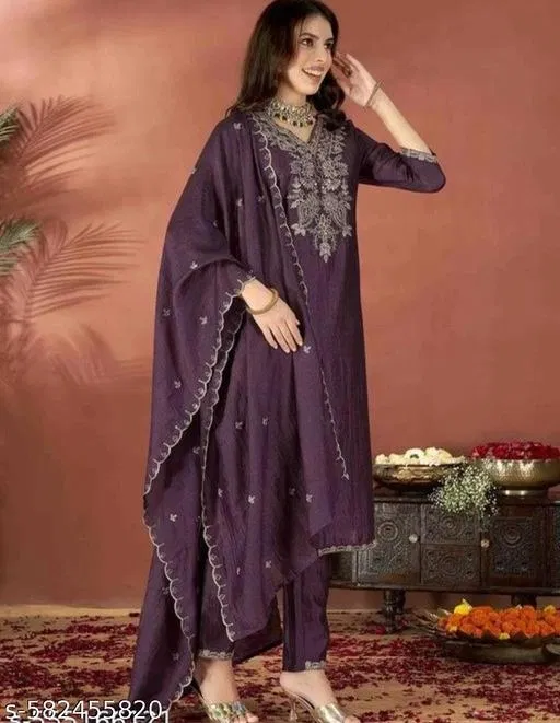 Designer Kurti Pant Set for Women (Purple, S)
