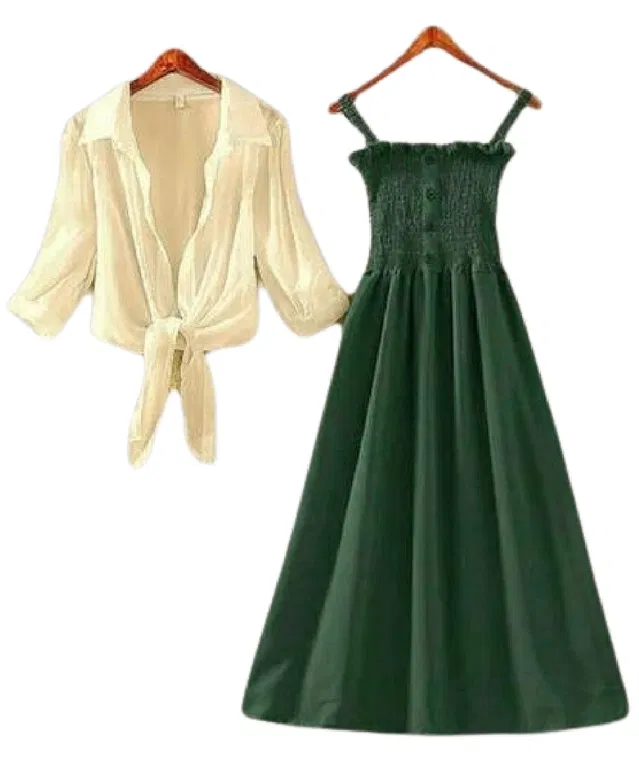 Poly Crepe Dress for Women (Green & White, XL)
