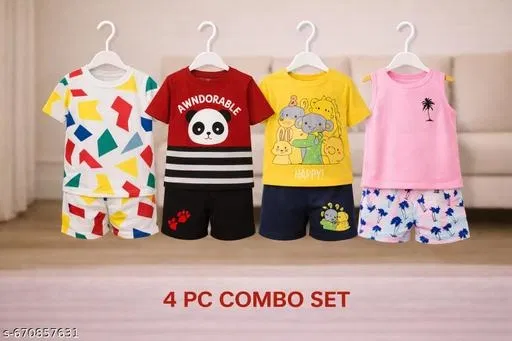 Hosiery Cotton Printed Clothing Set for Kids, Multicolor, Pack of 4 (0-2 Months)