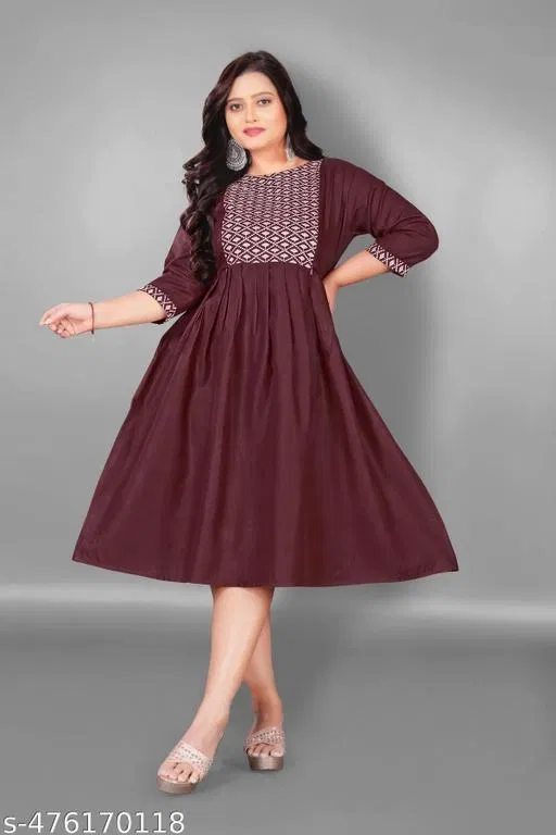 Solid Cotton Blend Kurti for Women (Maroon, L)