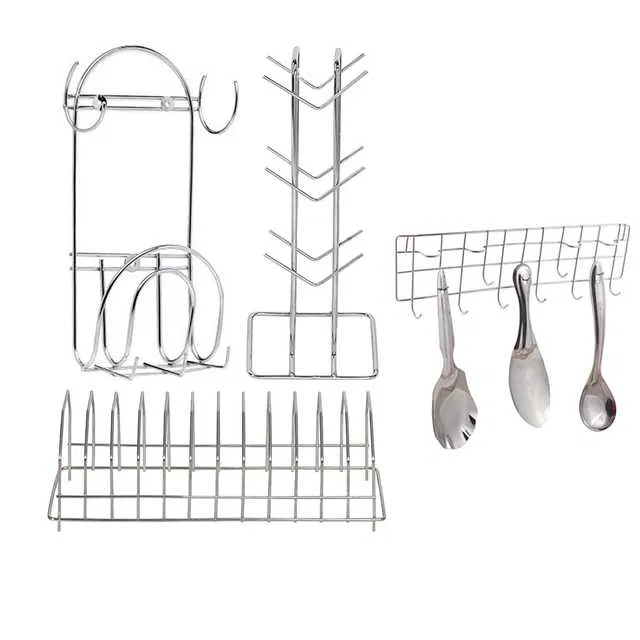 Stainless Steel Cup Stand & Plate Stand & Chakla Belan Stand With Hook & Hook Rail For Kitchen (Set of 4) (OC-021)
