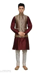 Dupion Silk Solid Kurta with Pyjama & Jacket for Men 