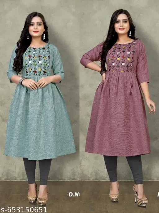 Solid Embroidered Cotton Kurti for Women, Pack of 2 (Pink, XXXL)