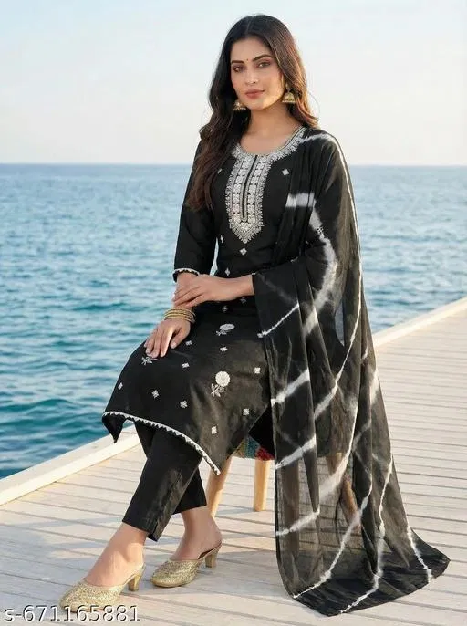 Embroidered A-line Kurta Set for Women (Black, S)