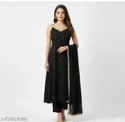 Georgette Embroidered Kurta & Paint & Dupatta Set For Womens, Black 