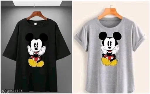Cotton Printed T-Shirt for Women, Black & Grey, Pack of 2 (XXL)