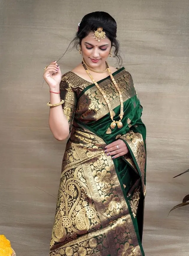 Banarasi Silk Embellished Saree for Women (Bottle Green, 6.3 m)