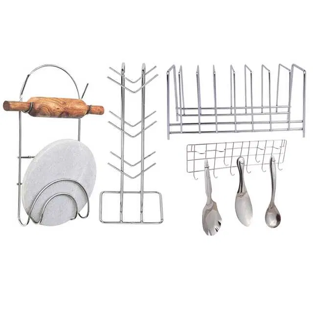 Stainless Steel Cup Stand & Plate Stand & Chakla Belan Stand & Hook Rail For Kitchen (Set of 4) (OC-032)