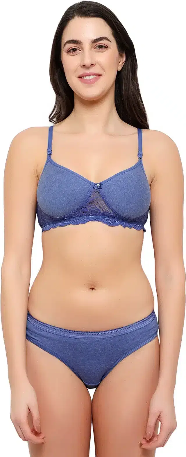 Cotton Blend Lingerie Set for Women (Blue, 36)