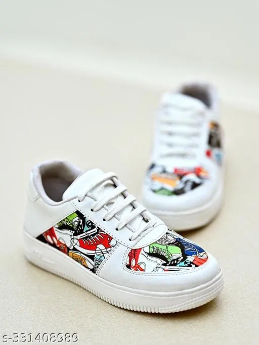 Printed Synthetic Sneakers for Women (White, IND-6)