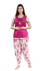 Satin Printed Nightsuit for Women (Pink & White, M)