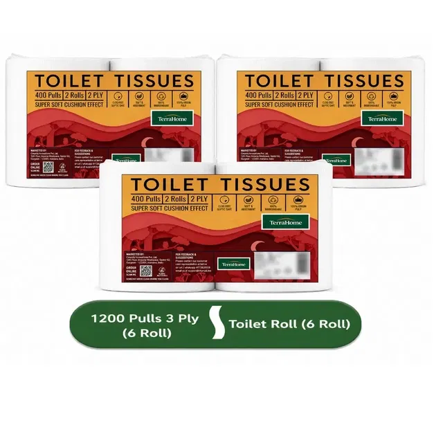 TerraHome Toilet Tissue Paper Rolls, 2 Ply, 1200 Pulls [6 x 200 Pulls] [Pack of 3]