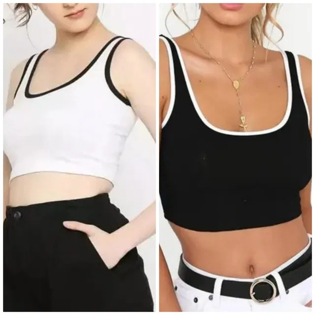 Cotton Blend Solid Tank Top for Women & Girls (White & Black, M) (Pack of 2)