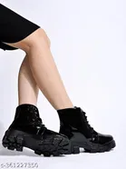 Shoetopia Solid Patent Leather Block Heel Boots Black 