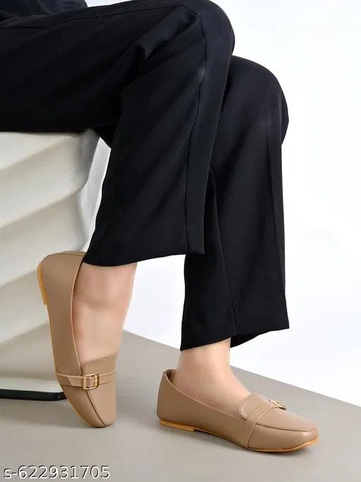 Solid Synthetic Ballerinas for Women (Beige, IND-7)