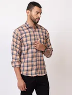 Cotton Blend Checkered Shirt for Men, Peach 