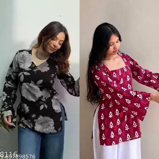 Floral Rayon Kurti for Women, Pack of 2 (Black, XS)