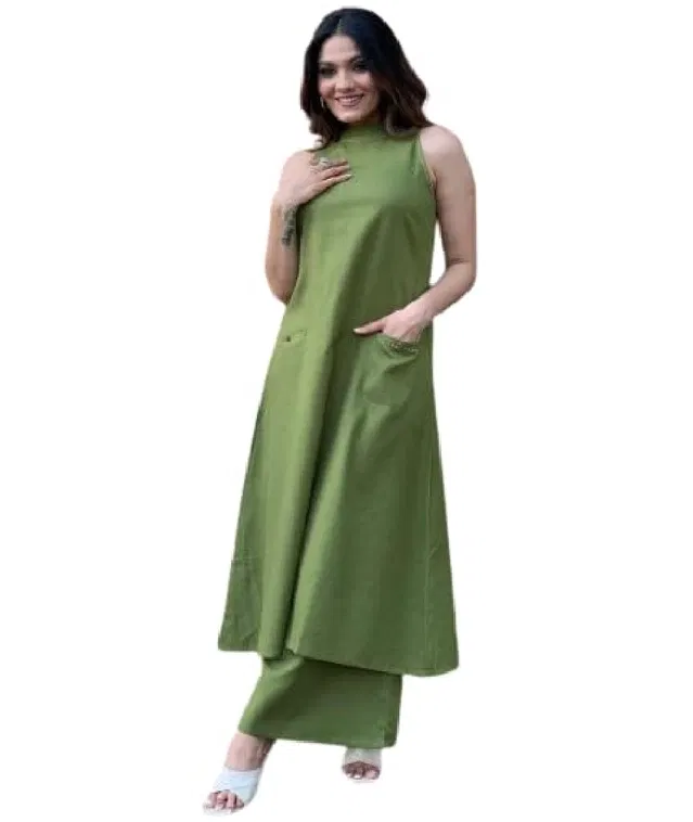 Rayon Solid Kurti with Pant for Women (Green, L)