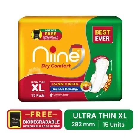 नाइन ड्राई कम्फर्ट अल्ट्रा थिन सेनेटरी पैड्स 15 Pcs (XL)