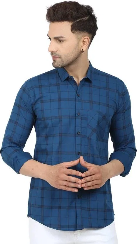 Cotton Full Sleeves Shirt for Men (Navy Blue, M)