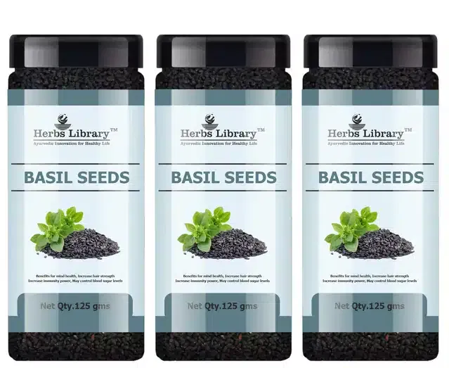 Herbs Library Fresh and Natural Basil Seeds for Weight Loss (Pack of 3, 125 g)