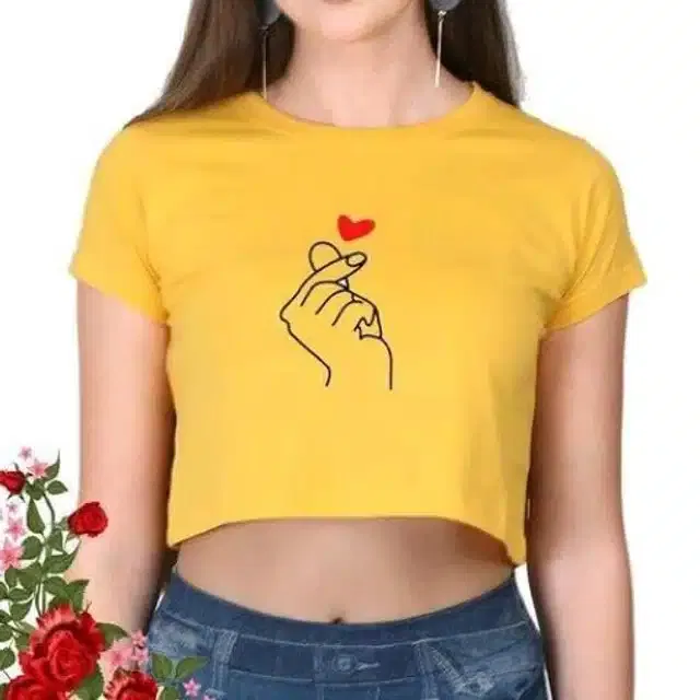 Printed Crop T-shirt for Women (Yellow, S)