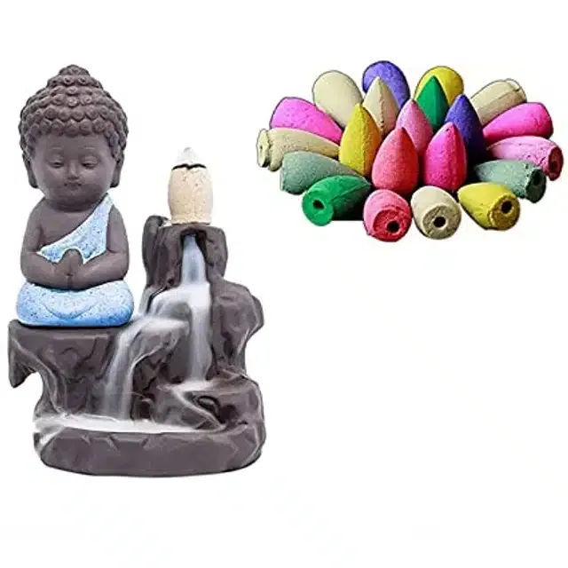 Resin Meditating Monk Buddha with Smoke Backflow Incense Holder (Multicolor)