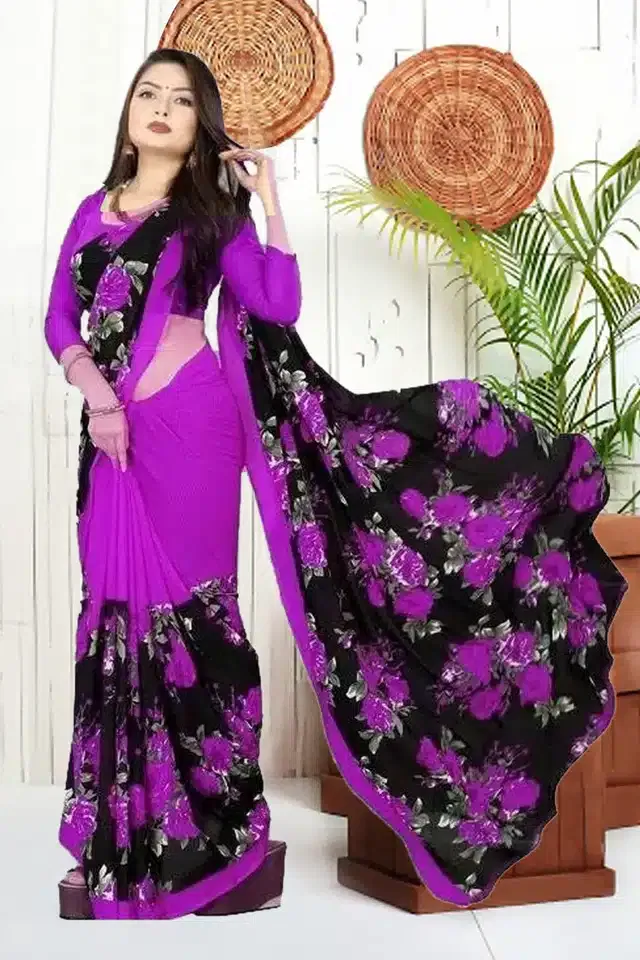 Georgette Saree with Unstitched Blouse Piece for Women (Purple, 6 m)
