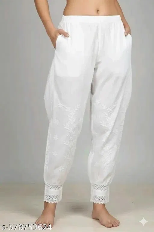 Cotton Solid Pant for Women, White (4XL)
