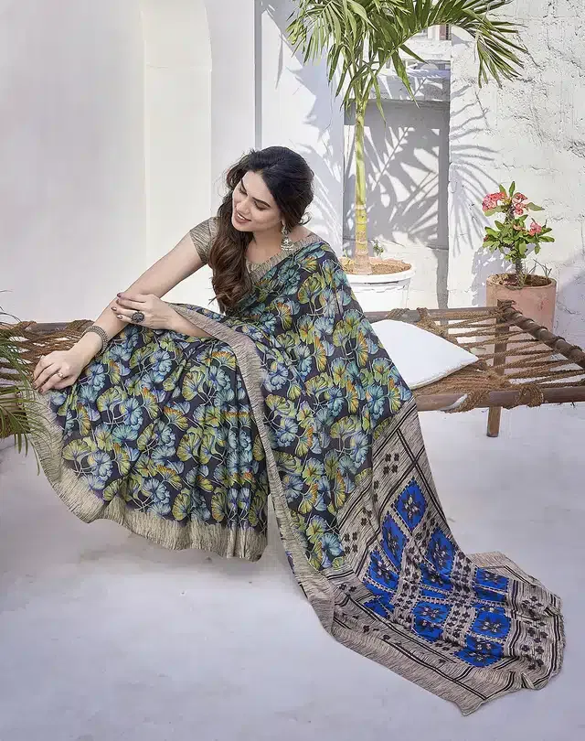 Chiffon Printed Saree for Women (Black, 6 m)
