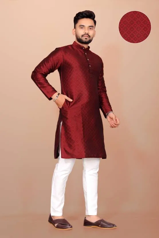 Cotton Blend Solid Kurta for Men (Maroon, XL)