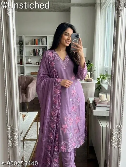 Silk Blend Embroidered Punjabi/All Over Suits for Women (6.65 meter (XXL)