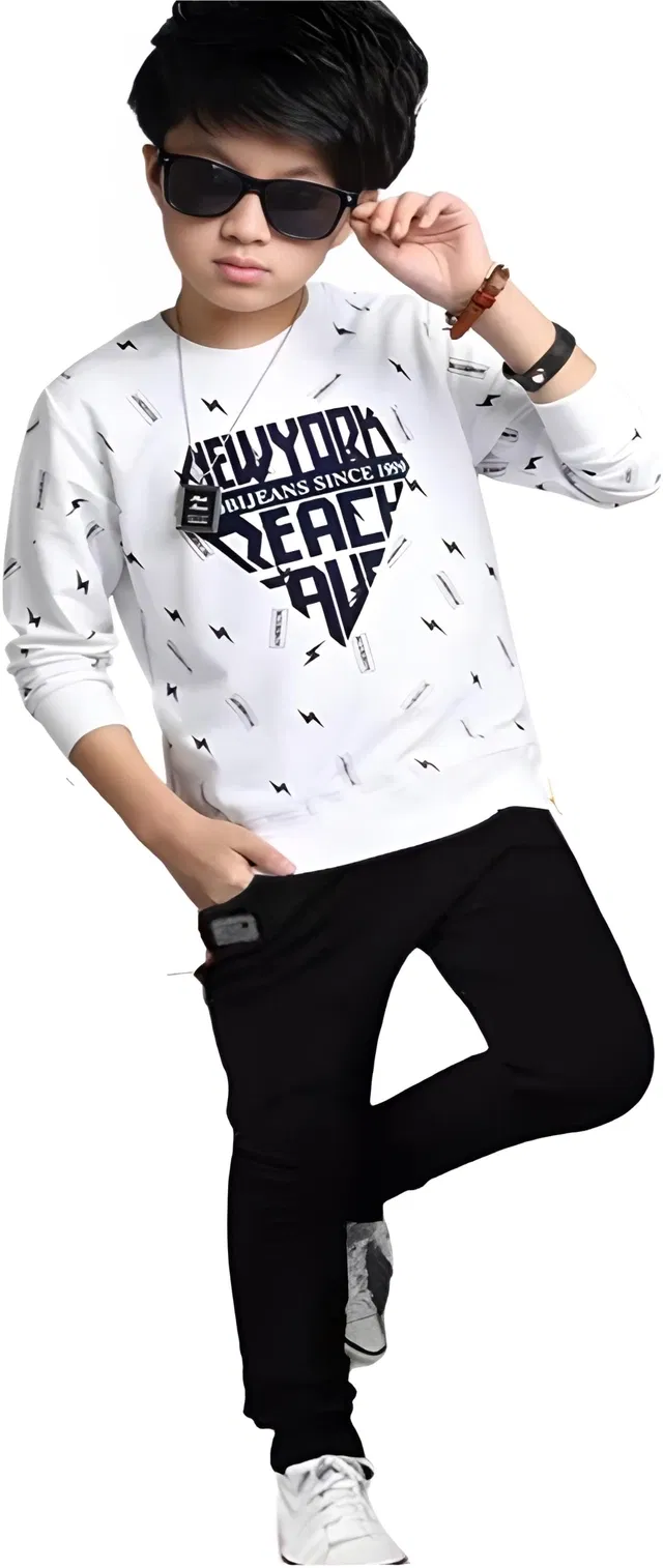 Cotton Blend Clothing Set for Boys (White & Black, 14-15 Years)