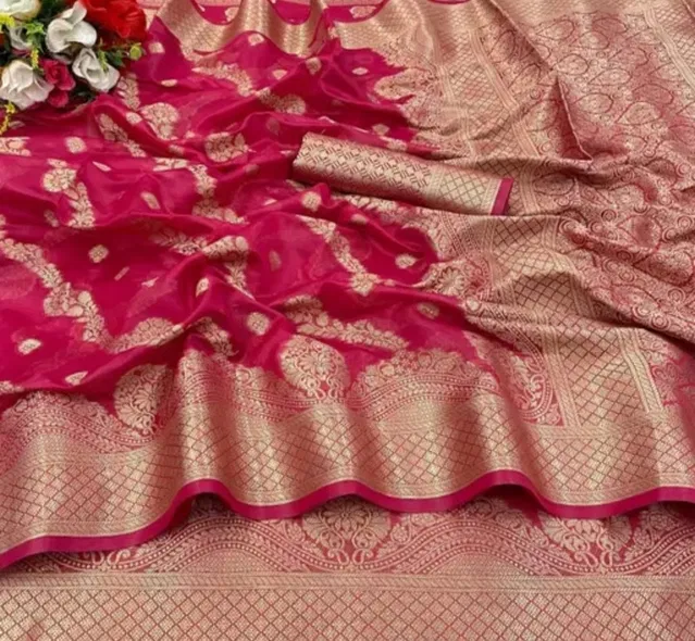 Organza Zari Woven Saree for Women (Pink, 6.3 m)