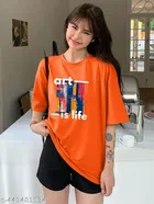 Cotton Blend Printed T-shirt for Women, Orange 