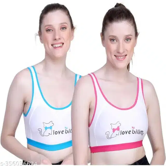 Polycotton Sports Bra for Women (Pink & Blue, 30B) (Pack of 2)