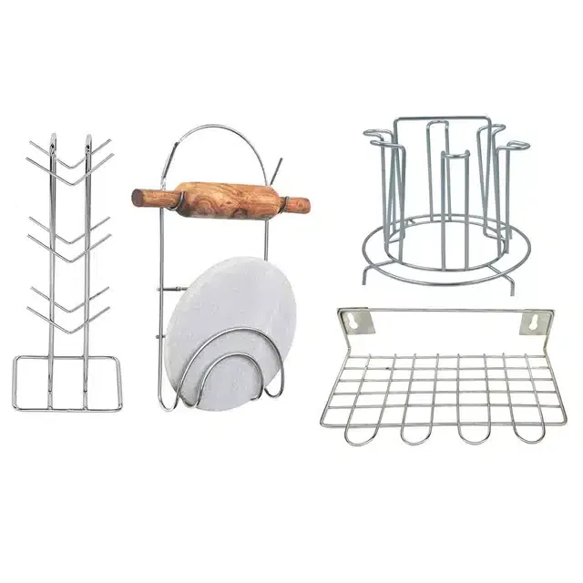 Stainless Steel Cup Stand & Glass Holder with Chakla Belan Stand & Utensil Holder (Set of 4, Silver)