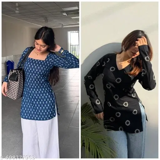 Cotton Blend Kurti for Women, Pack of 2 (Black, XXL)